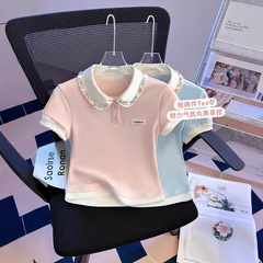 ピンクステッチフェイクツーピースポロラインストーンカラー半袖Tシャツレディースサマーショートウエストドールカラートップ