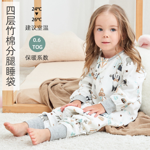 Spring and autumn four-layer bamboo cotton gauze split-leg children's sleeping bag infant anti-kick quilt long-sleeved baby sleeping bag summer