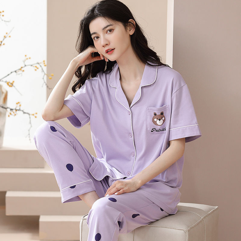 Pijamas de mujer primavera y verano 2023 nuevo 100% algodón cardigan pantalones de manga corta casual traje de desgaste para el hogar