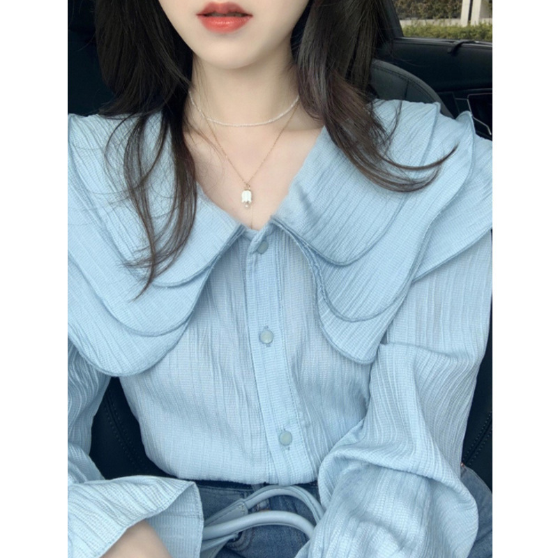 Spring and Summer 2022 New Chic Design Sense Niche Gentle French Top Blue Doll Collar Shirt Fairy Spring and Summer 2022 New Chic Design Sense Niche Gentle French Top Blue Doll Collar Shirt Fairy