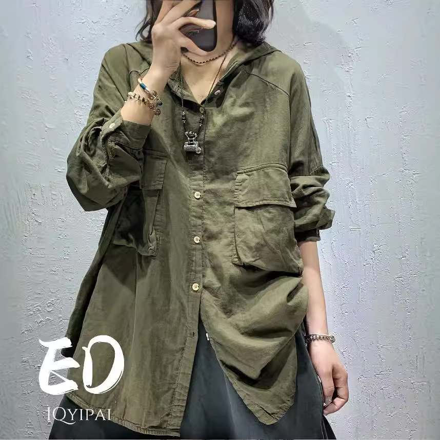 (2개) ED8967 더블 레이어 코튼 대마 모자 느슨한 대형 에디션 셔츠 2023 새로운 솔리드 컬러 패션 캐주얼 카디건 재킷