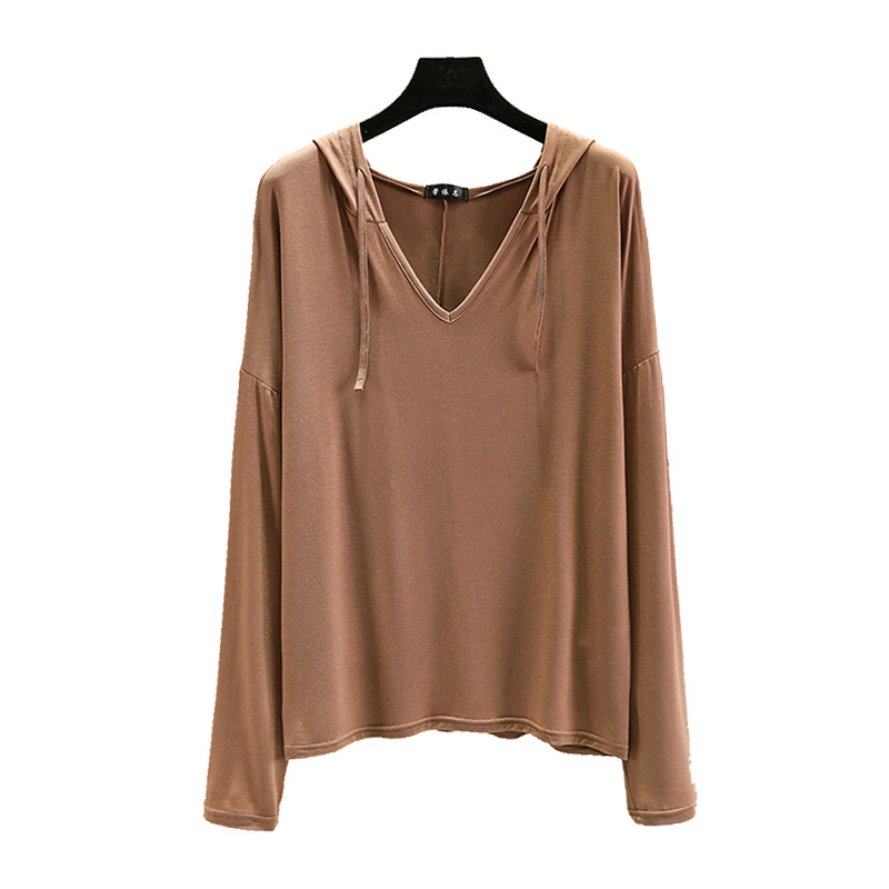 Ropa al aire libre modal Camiseta de manga larga para mujer primavera/verano más tamaño camisa suelta de fondo color sólido protección solar delgada superior suéter con capucha image 7