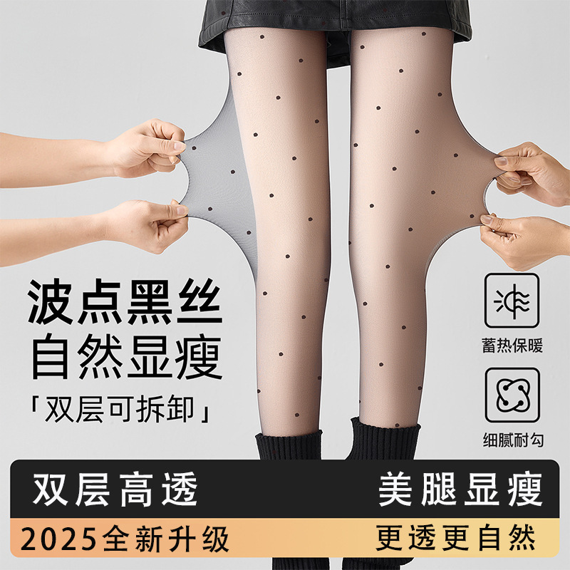 Polka Dot Black Stockings for Women, Autumn and Winter Style, Bare-Leg Effect, Fleece-Lined, Thickened, Realistic, Sheer, Base Pantyhose, 2025 New Model