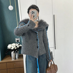 秋冬新款毛毛拼接海军领针织外套女时髦百搭手工穿绳飘带毛衣开衫