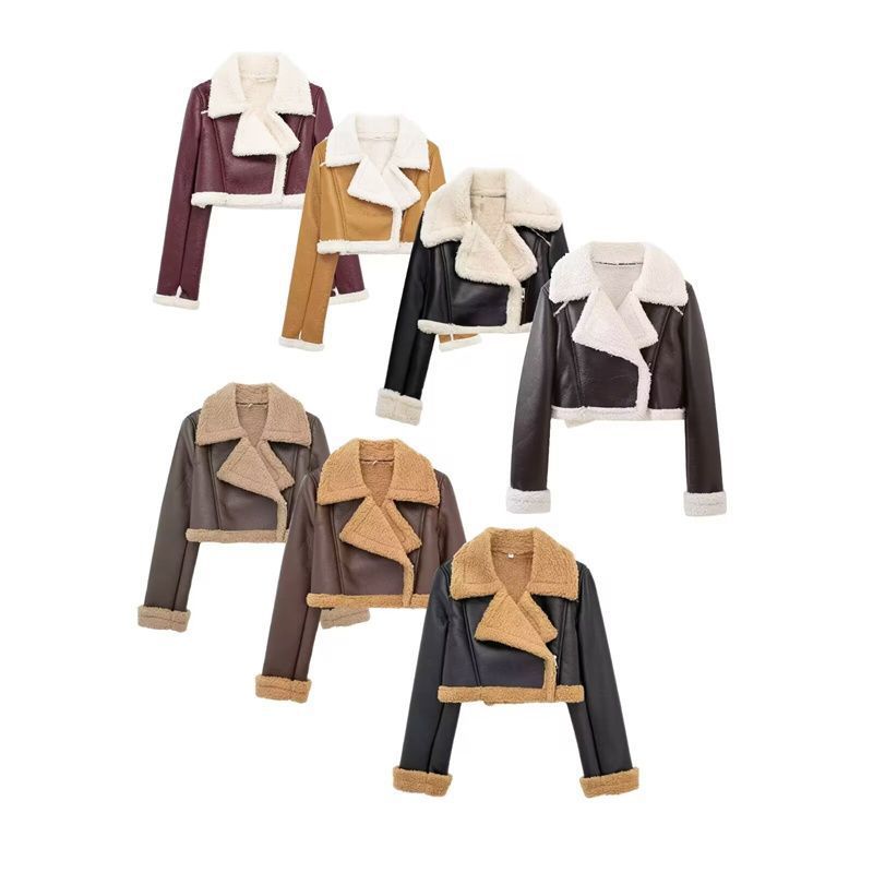 Vêtements pour femmes Automne et hiver veste de moto à revers double face pour femmes à la mode taille haute slim court haut à glissière de couleur contrastée_voghion.com