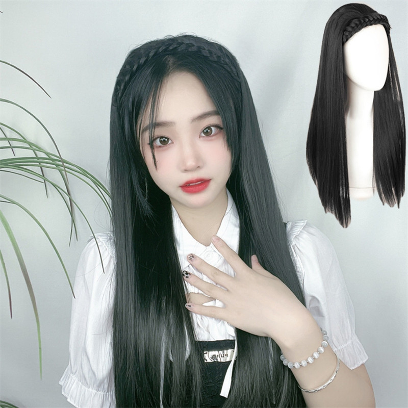 Peluca femenina twist trenza banda de pelo largo cabello recto integrado en forma de u fibra química media cabeza cubierta proveedor de peluca de comercio exterior transfronterizo