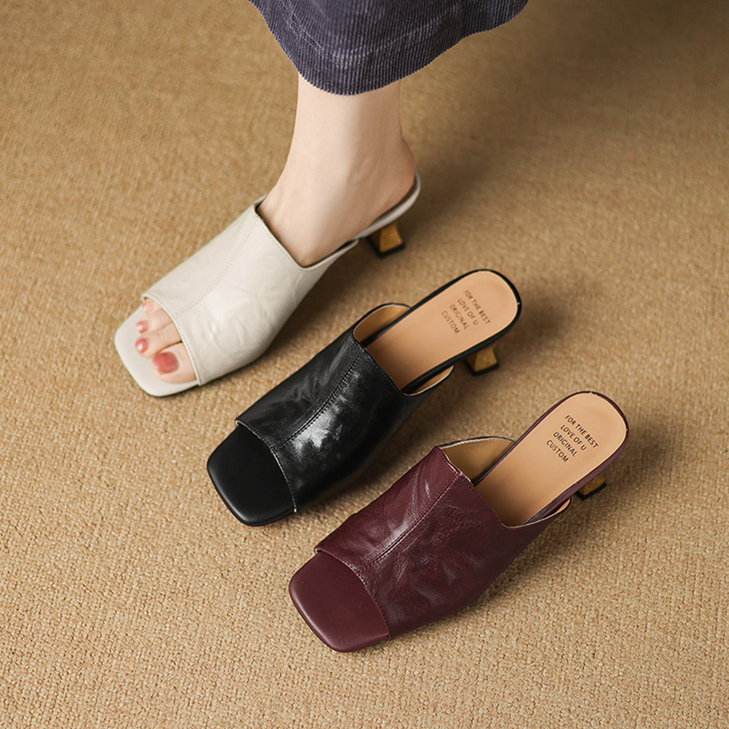 Sandal cao gót nữ hở mũi quai ngang da cừu gót 5 cm — đen