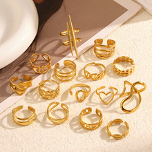 跨境欧美线条爱心几何不锈钢ins戒指18k镀金时尚镂空开口钛钢手饰