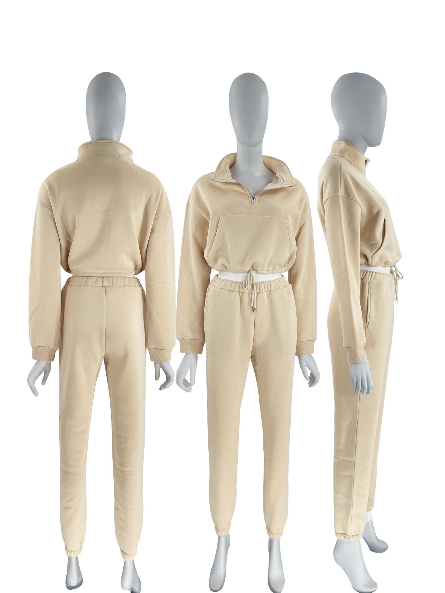 Women's Clothing 2024 autumn and winter solid color stand up collar zipper drawstring navel baring plus velvet sweatshirt casual sweatpants suit_voghion.com