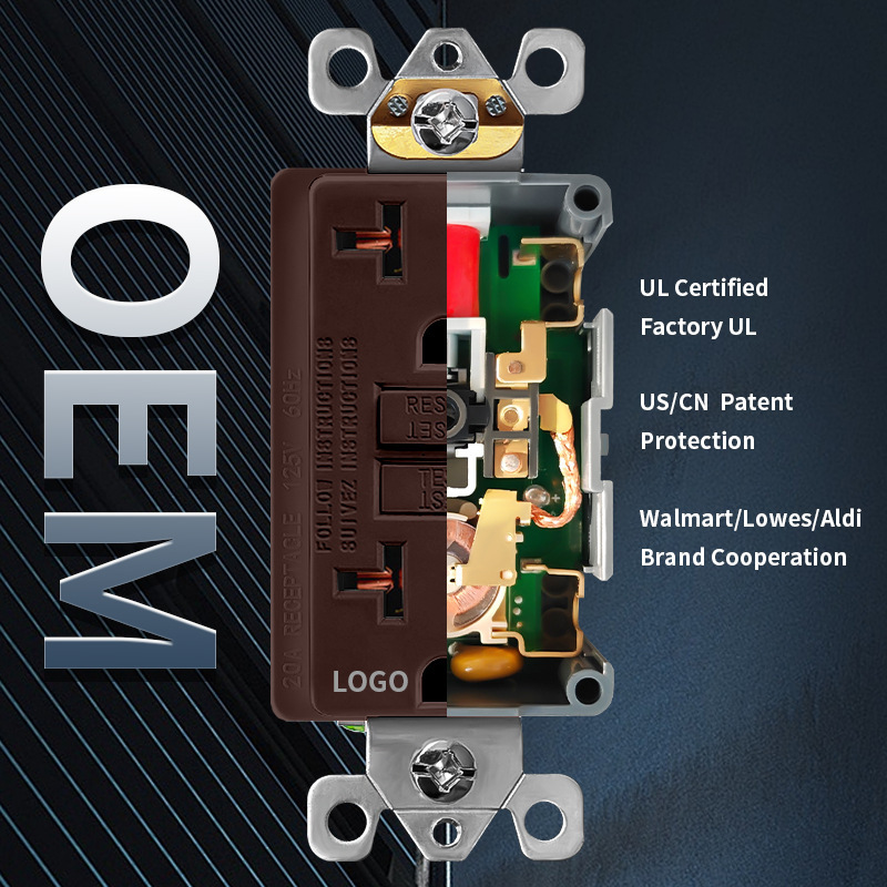 Brown GFCI Socket Automatic Monitoring UL Certification 20 Amp US Standard Socket For Bathroom Kitchen