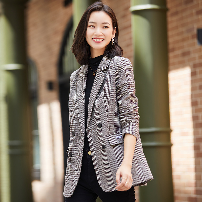 Double-breasted Checkered Casual Blazer Image 5