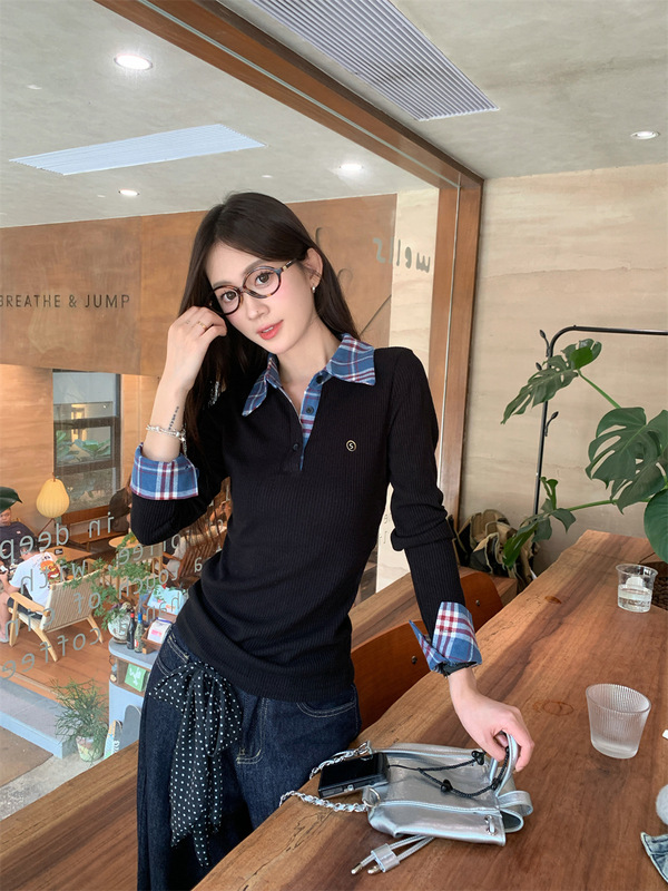 学院风格纹polo领拼接假两件长袖t恤女秋冬内搭修身显瘦打底上衣|undefined