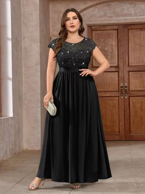 【Plus Size】Knitee Women's Plus Size Sequin Floral Lace V
