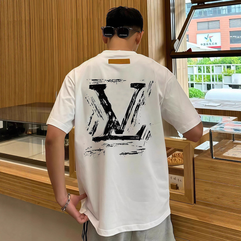 L Brand Men's Short-Sleeve T-Shirt with Hand-Painted Print, Loose Fit, Round Neck, Trendy Brand L Unisex T-Shirt, Pure Cotton