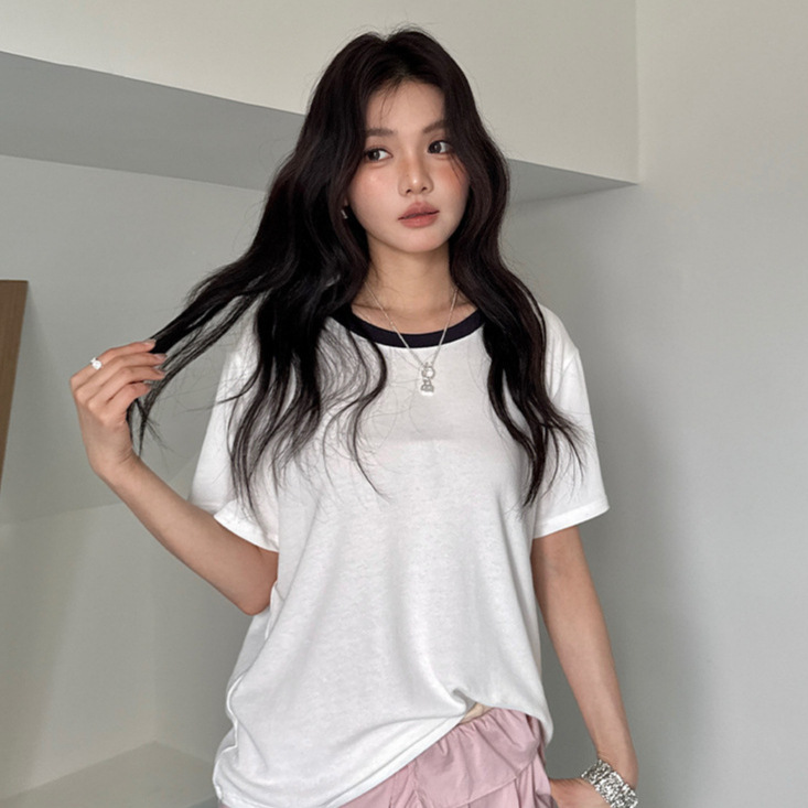 Shunenliangpin Tencel Linen Short-Sleeved Women's Simple Thin Summer Bottoming T-Shirt with Round Neck and Contrasting Right Shoulder