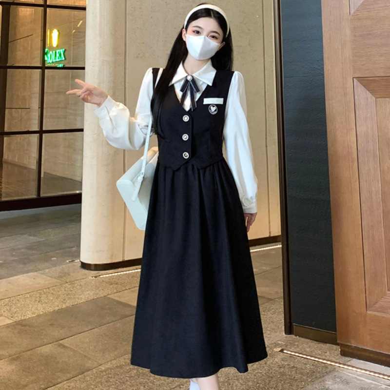 法式学院风假两件黑色连衣裙女秋冬2025年新款气质显瘦显高长裙子|undefined