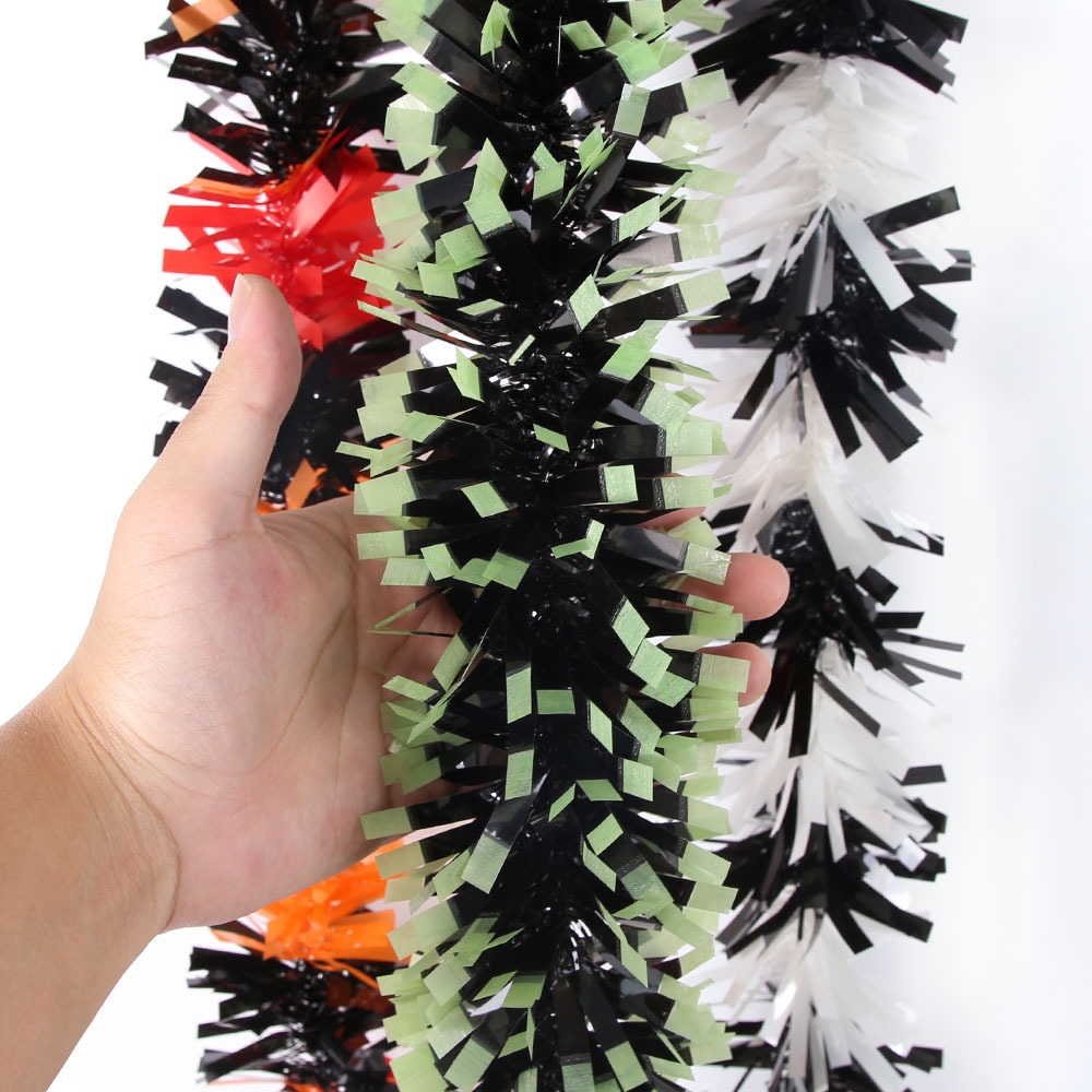 Guirnalda de oropel de 2 metros de largo para decoración del hogar, patio o festival de fantasmas, con rayas naranjas, moradas y negras, adorno colgante de geranio artificial para bricolaje.