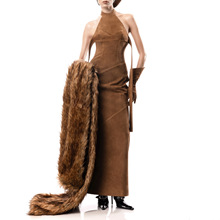 欧美时尚名媛风气质挂脖无袖露背鱼尾长裙2025新款秋季绒布连衣裙