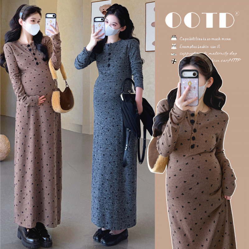 Maternity dress, fashionable autumn wear, new style for pregnancy, French floral slim-fit long-sleeve dress for stylish moms in autumn