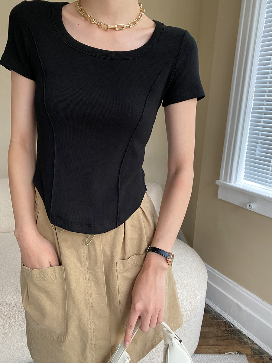 Boning Corset Double Stitching Ant Waist Curved Hem Cut U Neck Slim Fit Shoulder Short Sleeve T Shirt