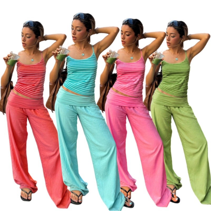 Cross-Border European and American Style Fashion New Women's Mint Green Striped Street Style Camisole + Long Pants Two-Piece Set for Summer