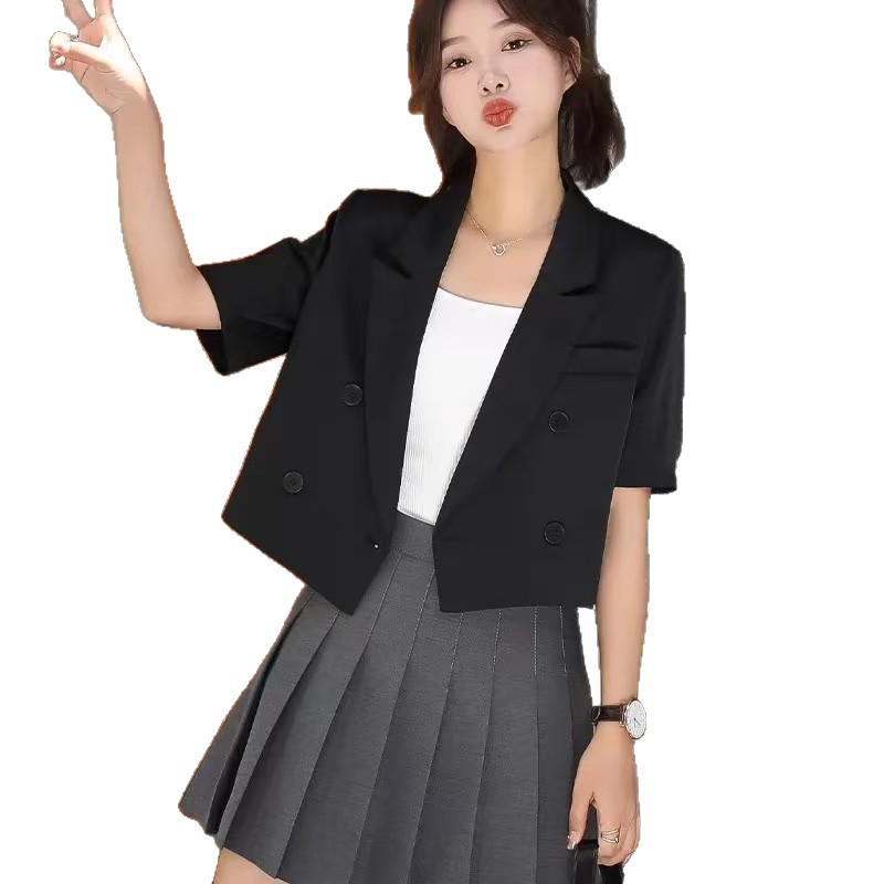 黑色西装外套女小个子韩版宽松显瘦短款职业气质夏季工作西服短袖