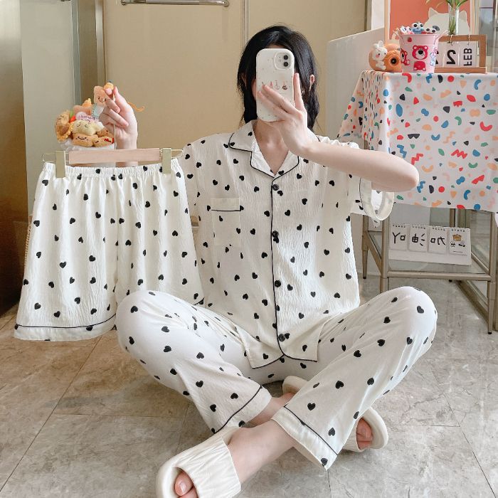 Venta al por mayor transfronteriza 120g pijamas de algodón de nube de verano de manga corta para mujer pantalones cortos de algodón de nube de verano de tres piezas servicio a domicilio de dibujos animados