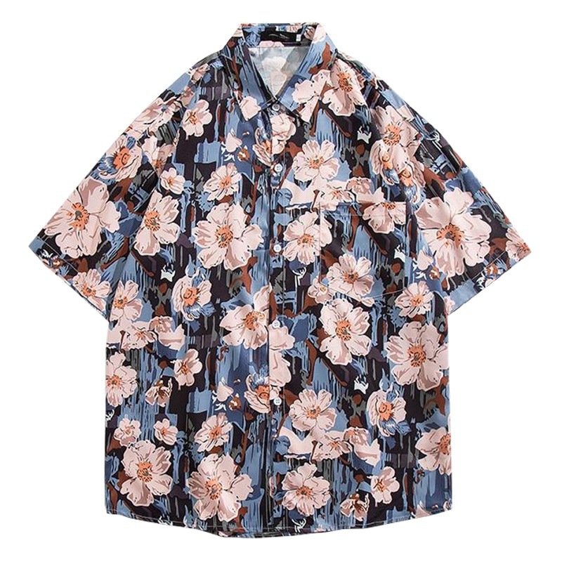 Camisas de manga corta estilo Hong Kong para hombres y mujeres, camisas florales de manga corta florales de playa hawaianas sueltas y delgadas de verano para parejas