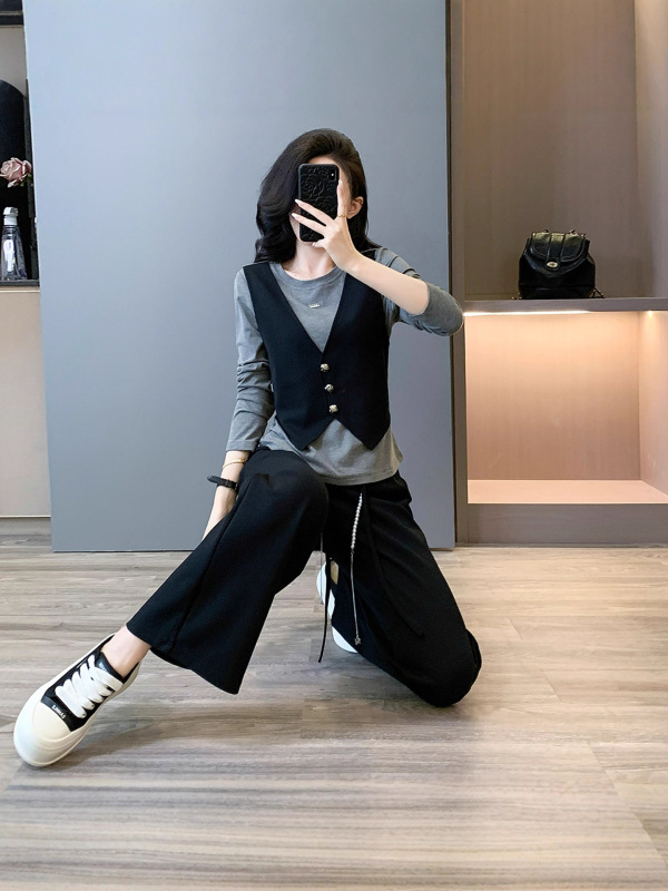 高级时尚休闲运动套装女秋新款圆领马甲假两件长袖上衣长裤两件套|undefined