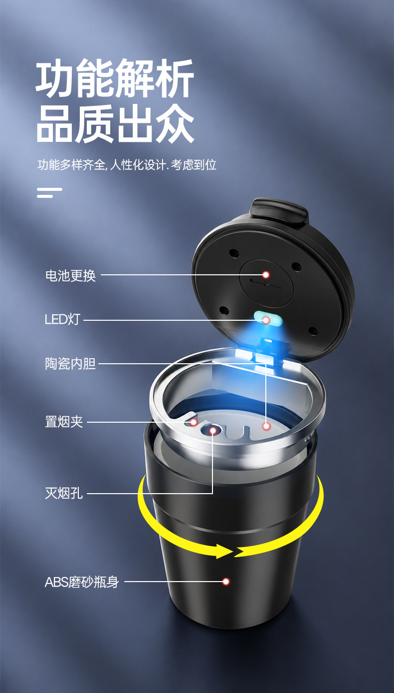 Car ashtray, metal flame-retardant liner, smoke extinguishing can, anti-ash coffee cup with light, car ashtray