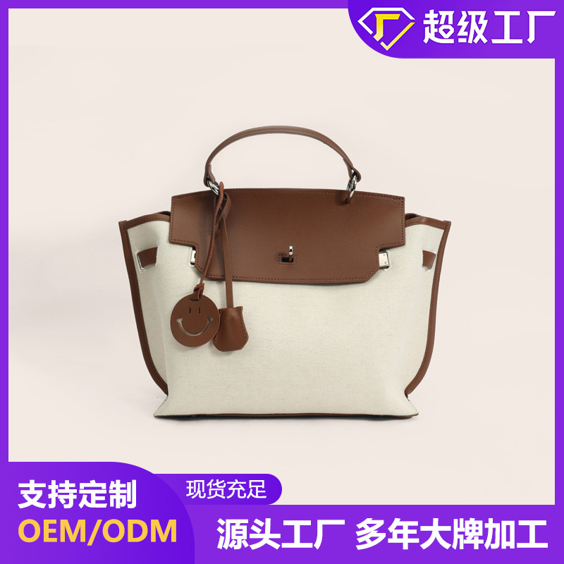 High-grade Platinum Bag Vintage Canvas Patchwork Cowhide Handbag Large Capacity Shoulder Bag Handbag for Women
