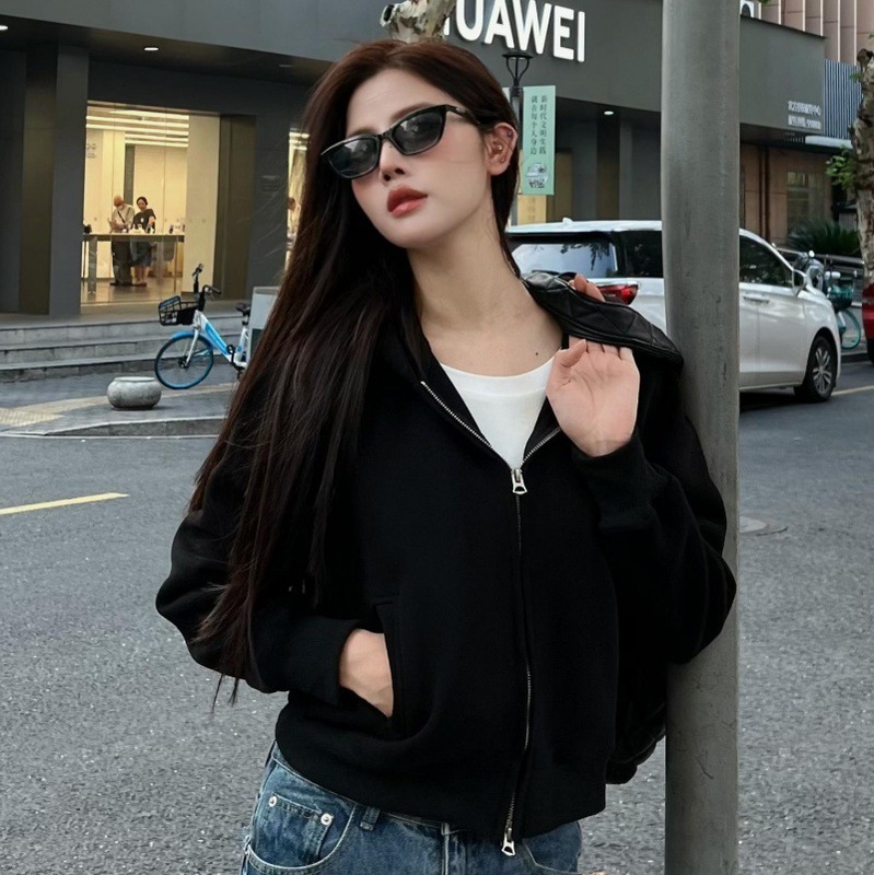 山东即墨嫚彩迪品牌美式街头短款双头拉链开衫连帽卫衣女潮流帽衫|undefined