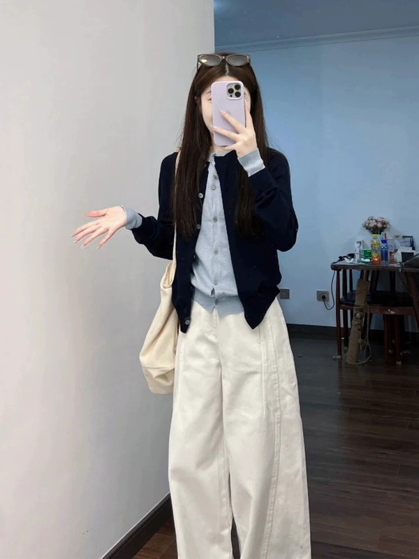 学院小香风蓝色针织开衫套装女2025韩系早秋流行穿搭一整套高笙陇|undefined