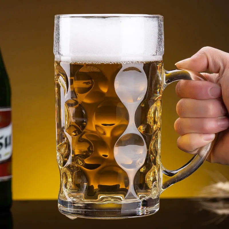 青蘋果玻璃杯透明大號啤酒杯加厚耐熱無蓋帶把茶杯棋牌室KTV酒吧