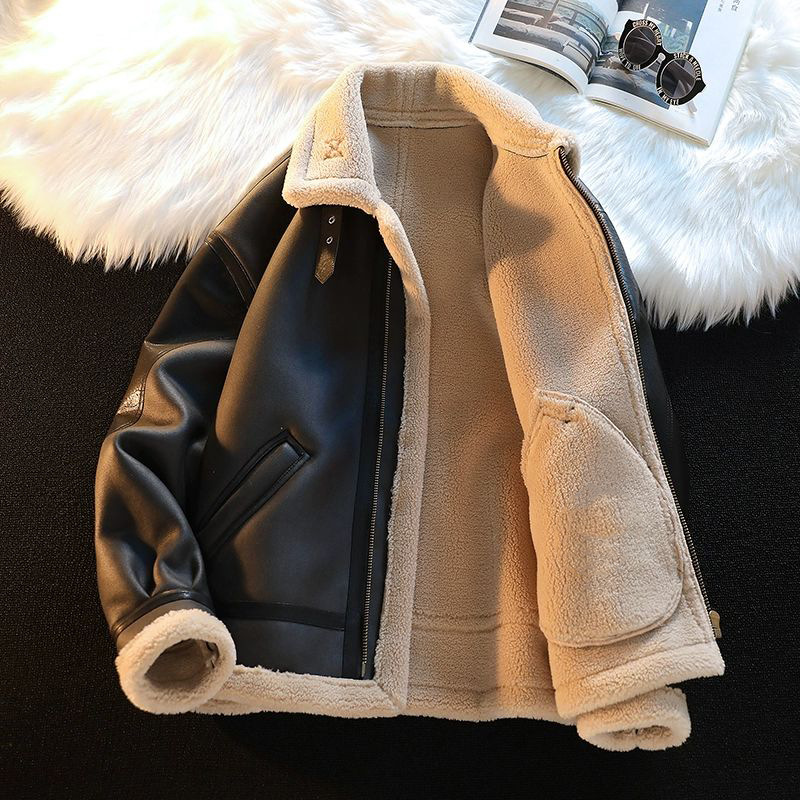 Abrigo de piel de los hombres de invierno forrado de lana engrosada ropa de motocicleta marca de moda chaqueta de terciopelo Chaqueta de algodón acolchado abrigo de cuero de cordero