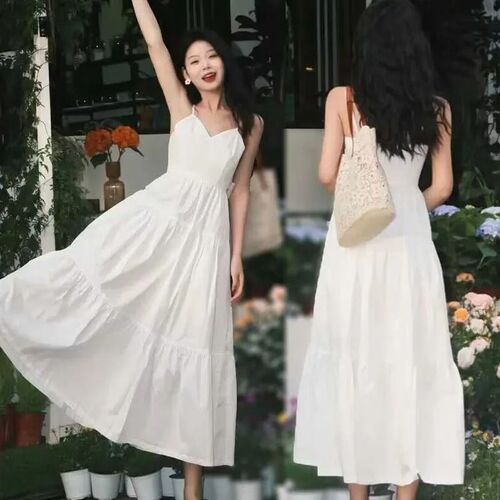 White Strap Dress for Women, Summer, Gentle and Unique Design, Beach Vacation Style, Absolutely Beautiful First Love Long Dress
