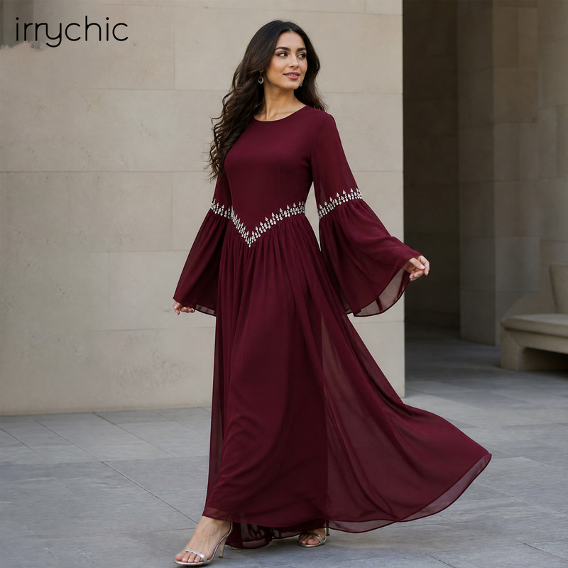 Aiyirui's original photo shoot, hand-stitched rhinestone flared sleeve waist-cinching dress HQ002