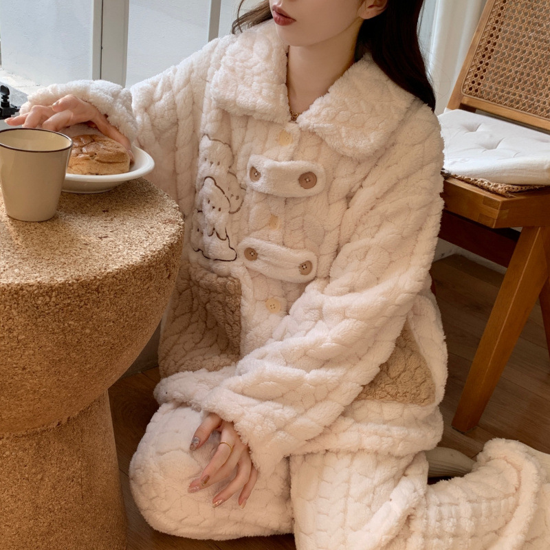 새로운 공주 스타일 코랄 벨벳 파자마 여성 가을과 겨울 따뜻한 두꺼운 귀여운 겉옷 투피스 세트