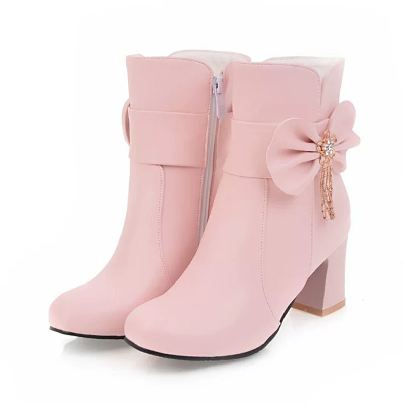 Foreign trade bow round toe high heel women's short boots foreign trade large and small thick heel short boots for women