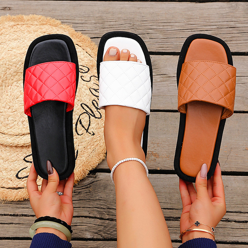 Thick-Soled Square-Toe Sandals for Women 2026 Summer New Cross-Border Large Size Fashion Diamond-Shaped Comfortable Slip-On Peep-Toe Sandals