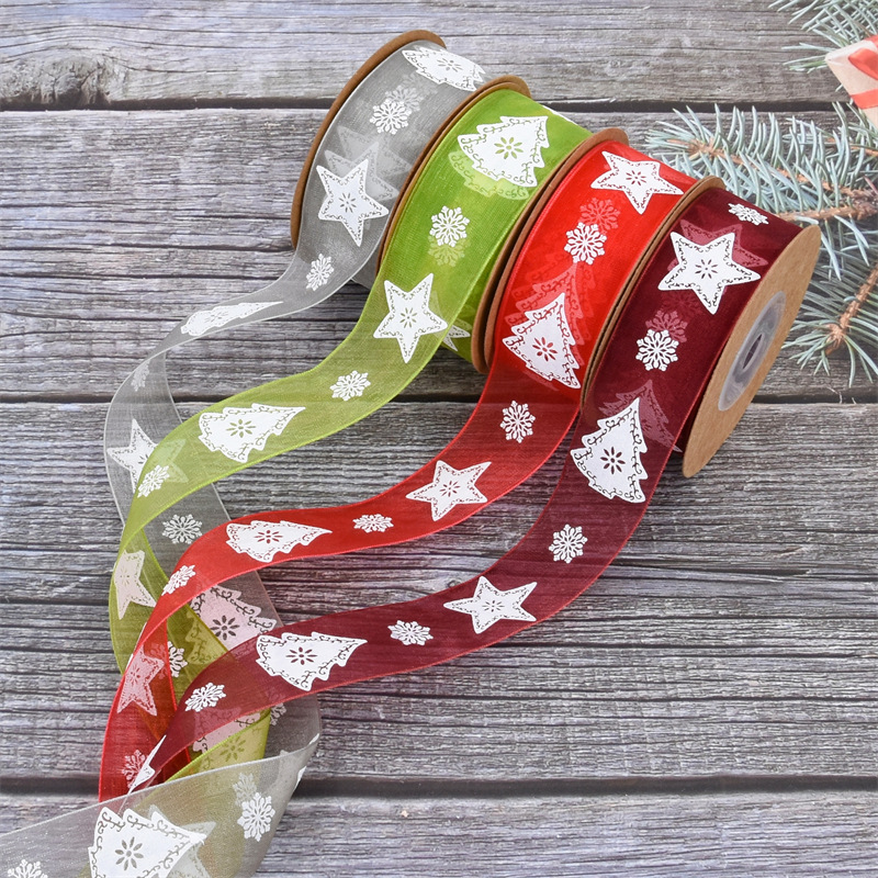 Transfronteriza 2,5 cm espuma de impresión árbol de Navidad cinta de hilo de nieve Navidad flores regalo embalaje cinta de poliéster en stock