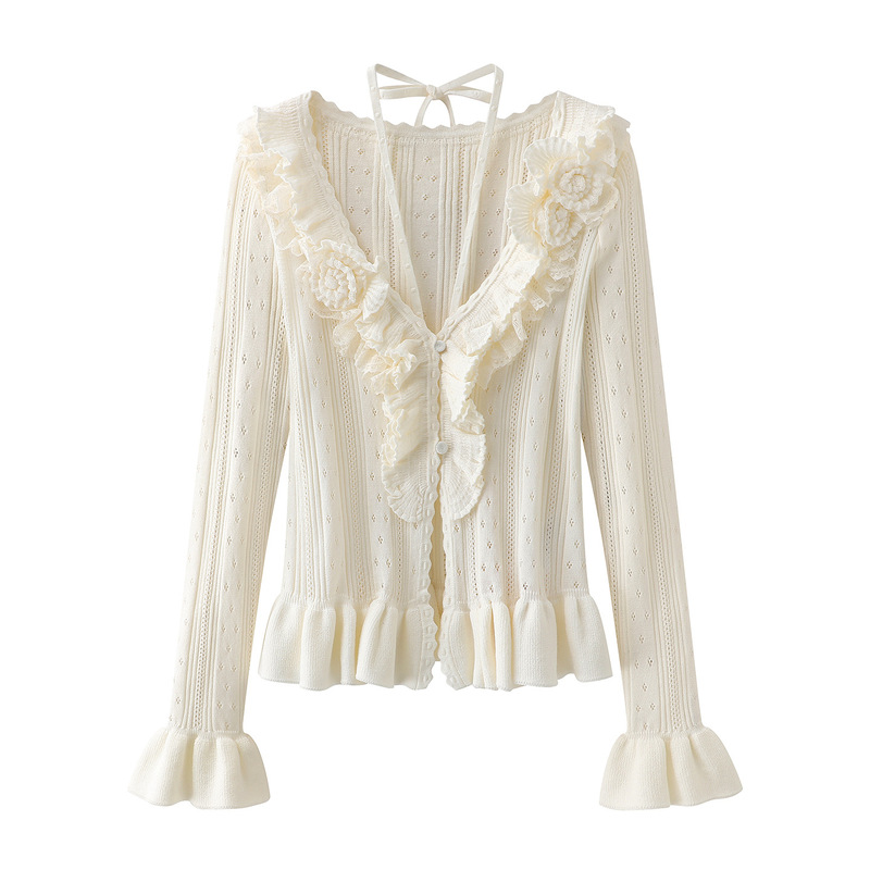 In Stock 2026 Spring New Style Three-Dimensional Floral Lace Trim Knitted Cardigan Lf26C51Zm202