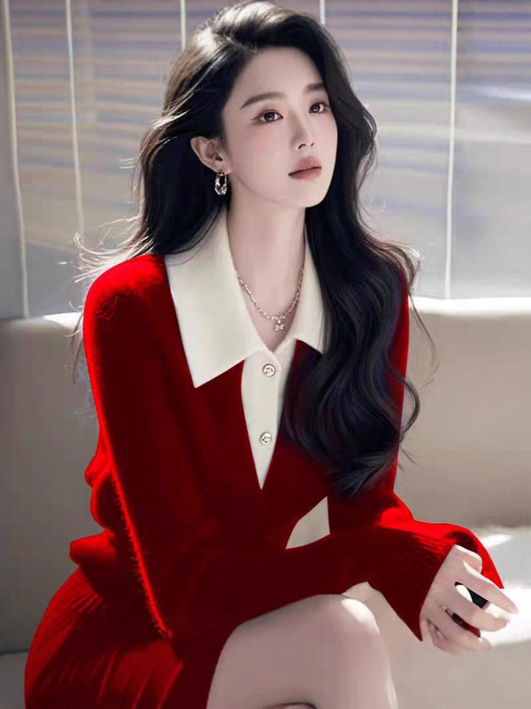 假来件翻领蓝色针织毛衣女2025新款春秋打底衫洋气小个子宽松上衣|undefined