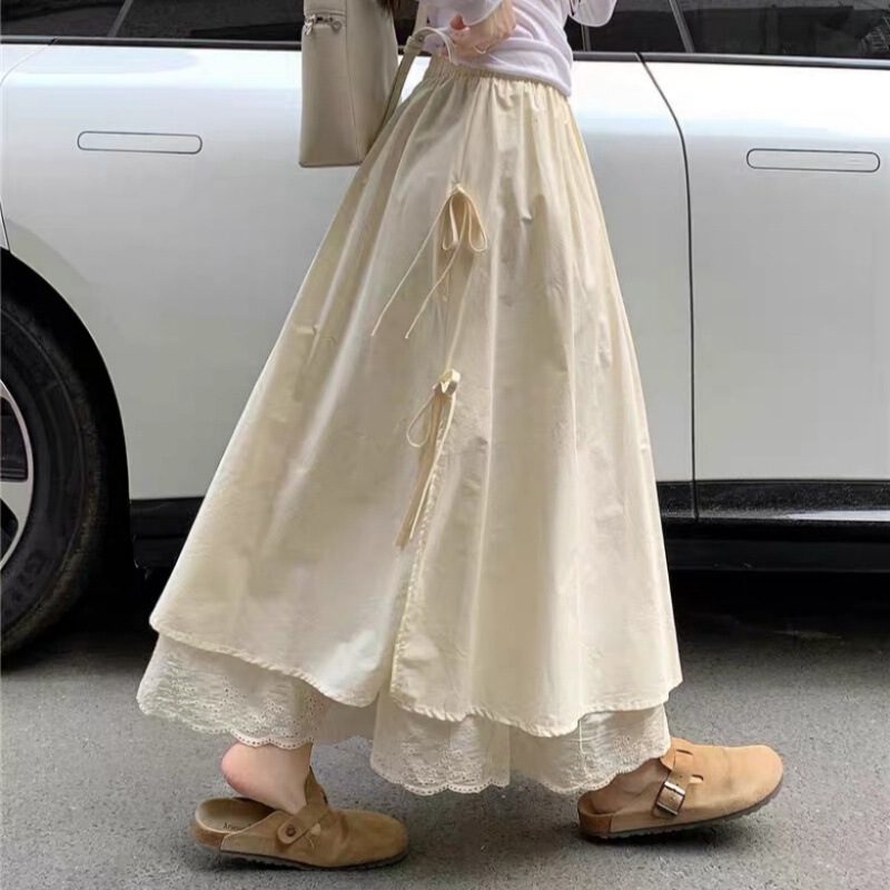French-Style Gentle Lace Patchwork Skirt for Women, High-Waisted with a Tie, Slimming A-Line Long Skirt, Versatile Fairy Skirt