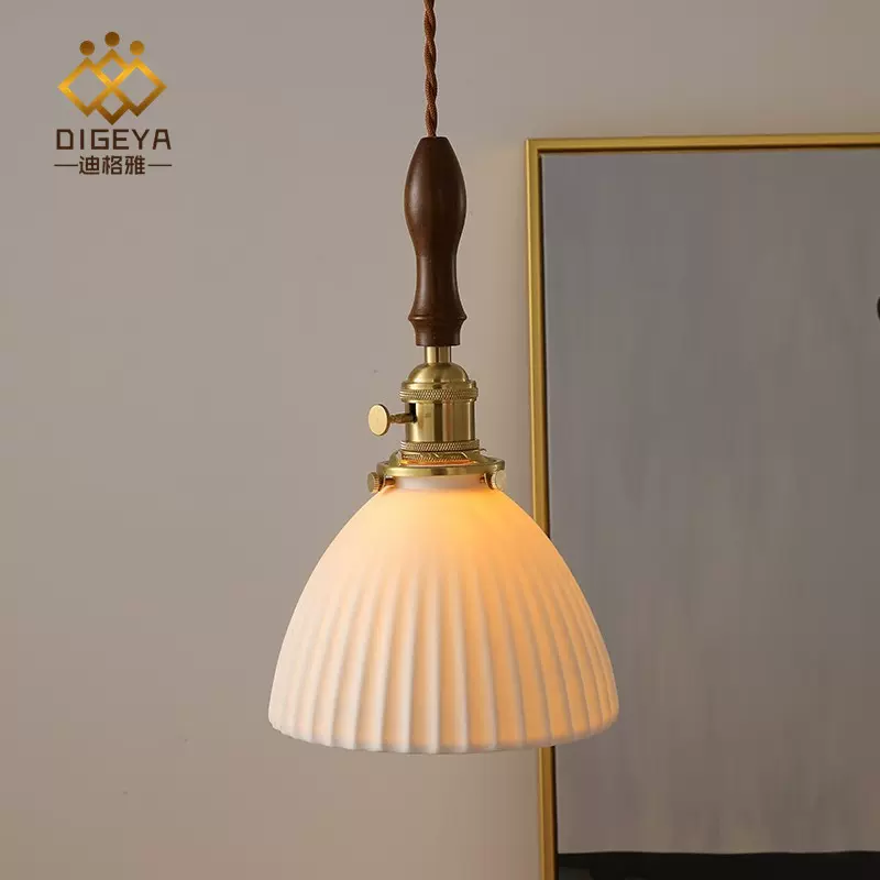 胡桃木日式复古陶瓷全铜卧室床头吊灯咖啡厅黄铜单头吊灯