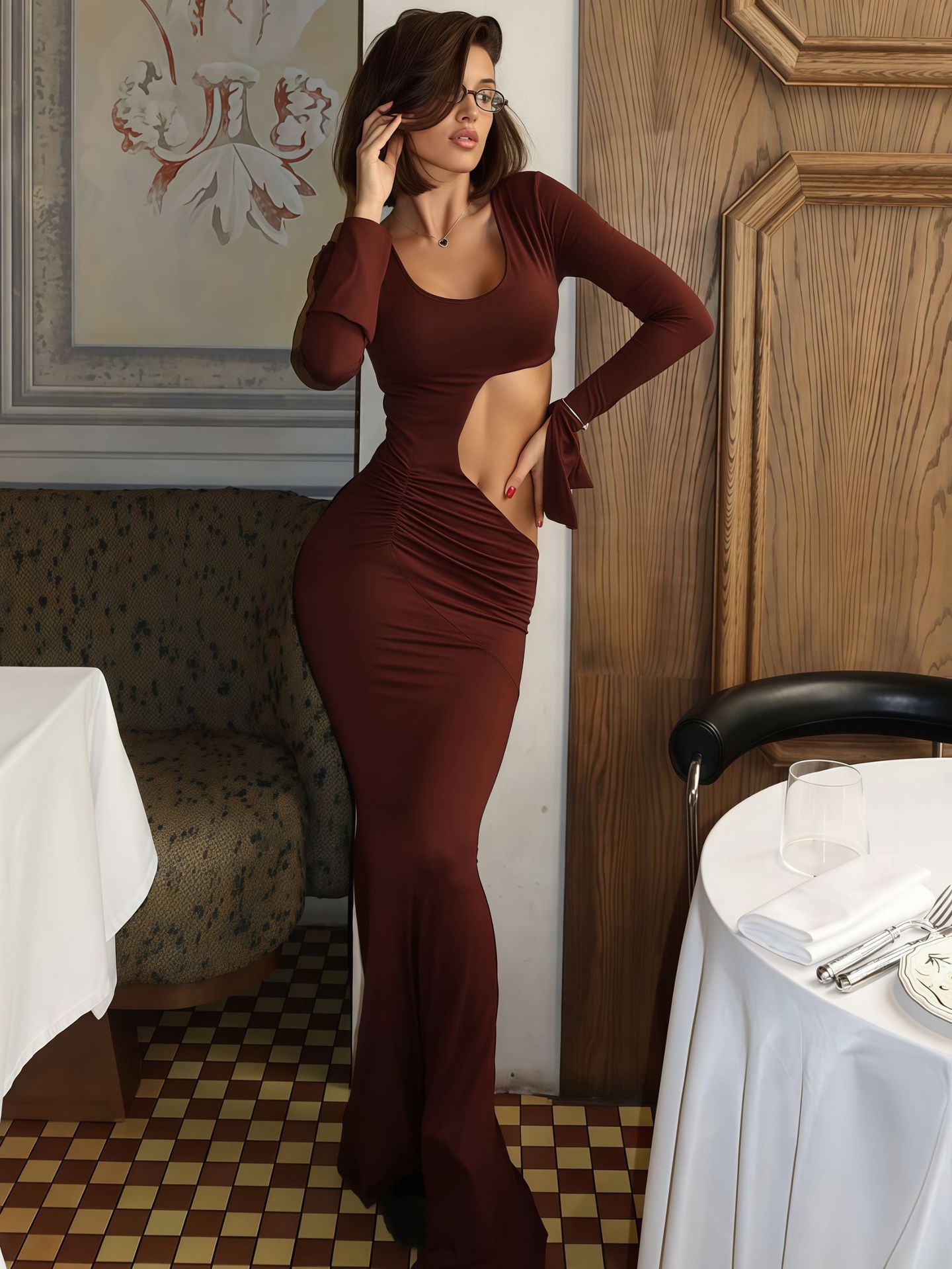 Women Fashion Elegant Sexy Hollow Out Slim Fit U Neck Long Sleeve Bodycon Party Evening Cocktail Dress_ecoleips.com