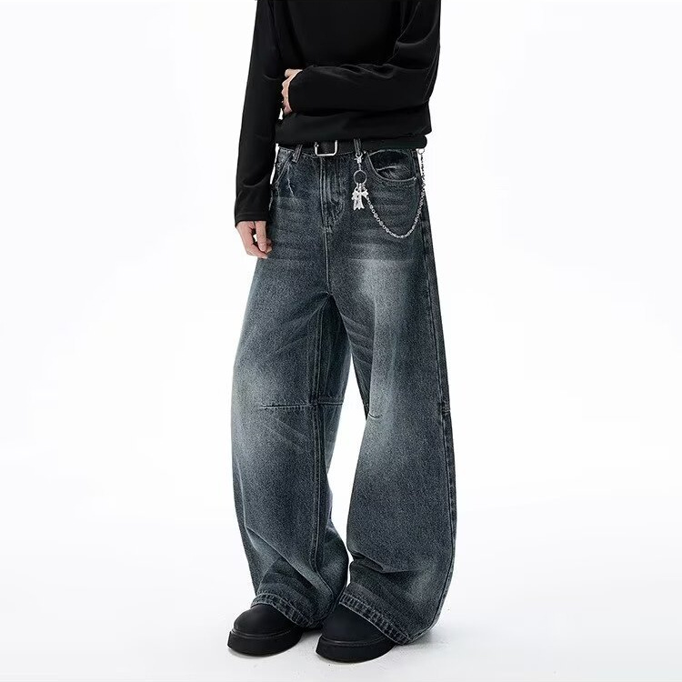 Unisex Retro Minimalist Wide Leg Jeans Blue Grey Stylish Straight Leg Drape Trendy Men's Clothing Denim_mkmklike.com