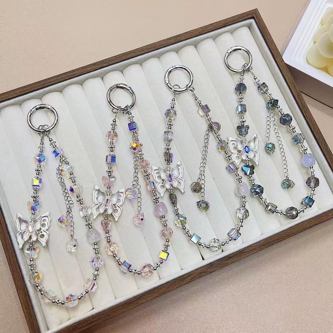 Lujo de alta gama, gran mariposa, cristal, cuentas, cadena de mano, cordón de muñeca, carcasa para teléfono móvil, accesorios femeninos, llavero, colgante