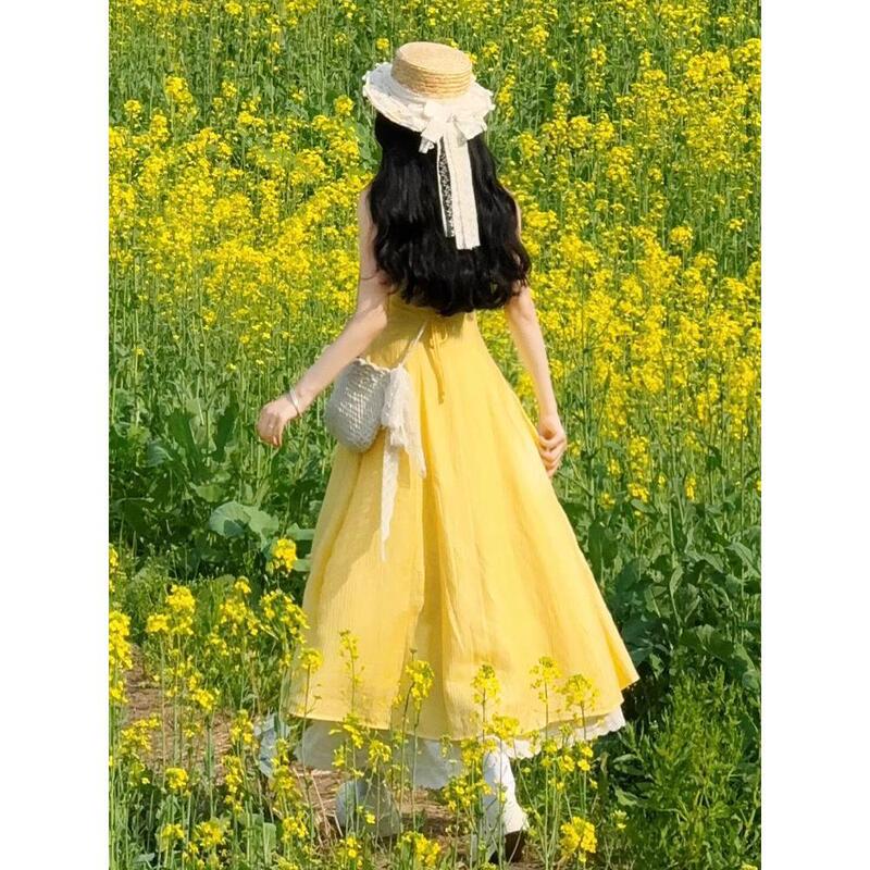 New Dopamine Yellow Strap Dress Women's Spring and Summer Vacation Elegant Travel Wear Waist Long Dress