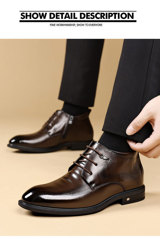 Giày bốt da bò thật mũi nhọn lót bông giữ ấm buộc dây — màu nâu, màu đen chi tiết 24